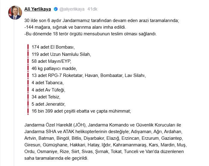 30 ilde 144 mağara ve sığınak imha edildi