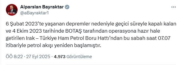 Bakan Bayraktar: "Irak-Türkiye ham petrol boru hattından petrol akışı yeniden başladı"