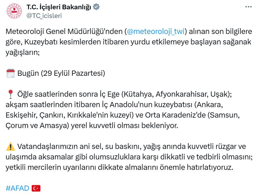 Bakanlıktan 3 bölge için 'sağanak' uyarısı