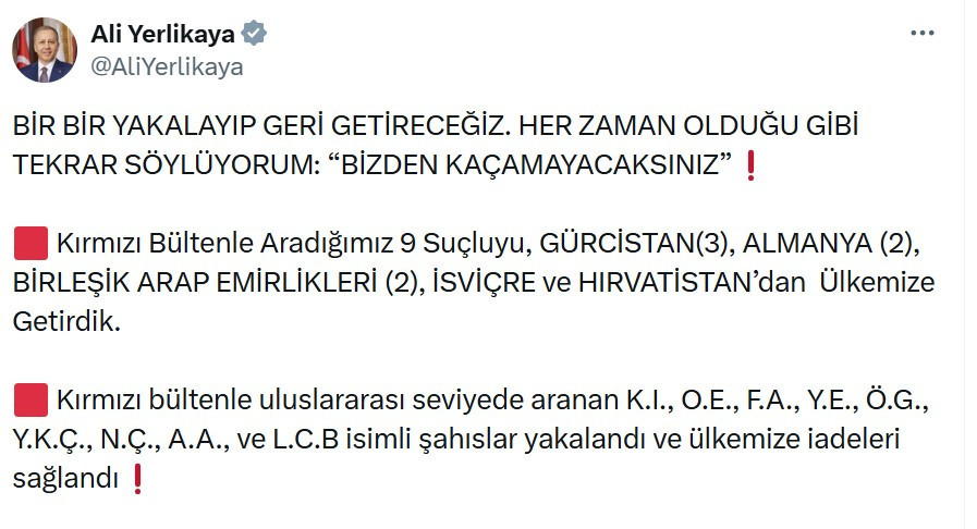 Kırmızı bültenle aranan 9 suçlunun Türkiye'ye iadesi sağlandı