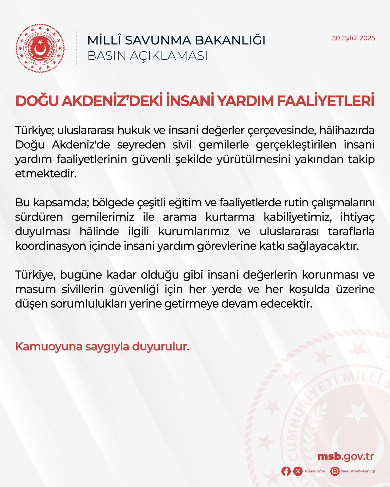 Milli Savunma Bakanlığı'ndan Sumud Filosu'na destek açıklaması