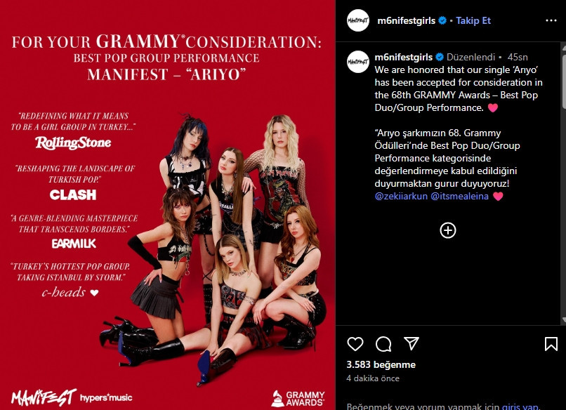 Manifest Grubu Grammy yolunda