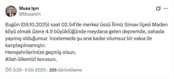 Kütahya'da 4.9 büyüklüğünde deprem