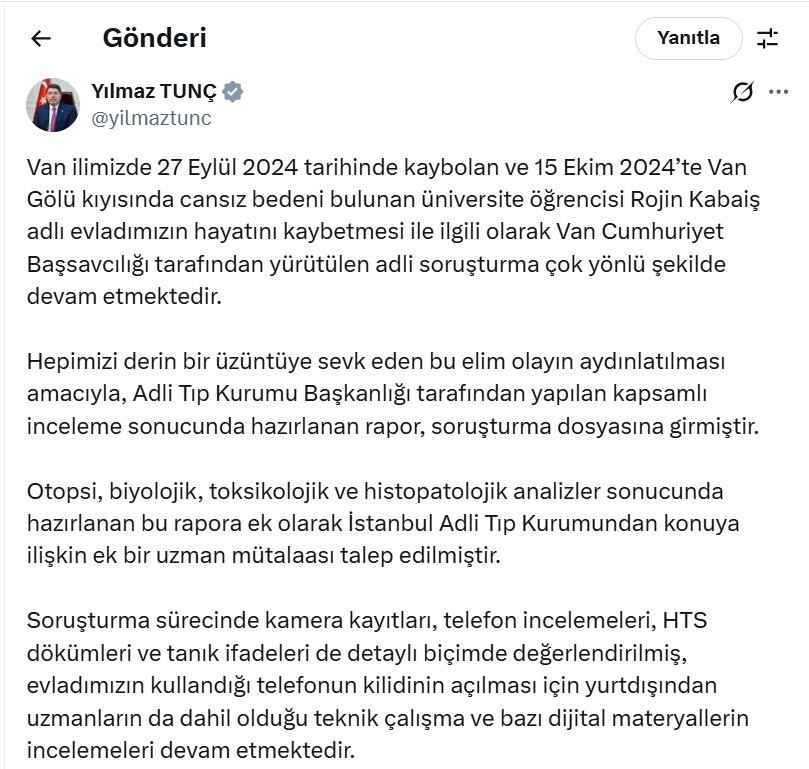 Adalet Bakanı'ndan Rojin Kabaiş açıklaması