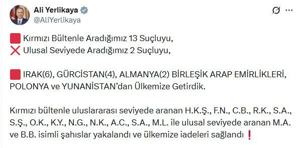 13'ü kırmızı bültenle aranan 15 suçlunun iadesi sağlandı