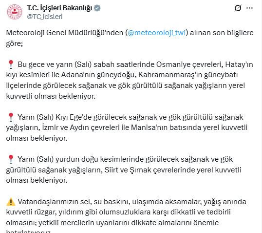 İçişleri Bakanlığı'ndan 9 kent için 'sarı' kodlu uyarı