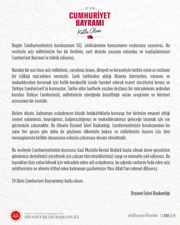 Diyanet'ten '29 Ekim' mesajı