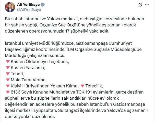 İstanbul ve Yalova'da suç örgütüne yönelik operasyon: 17 gözaltı