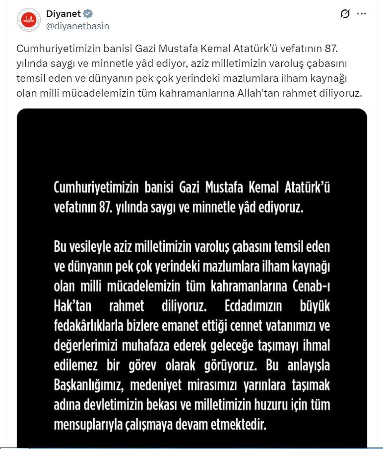 Diyanet'ten '10 Kasım' mesajı