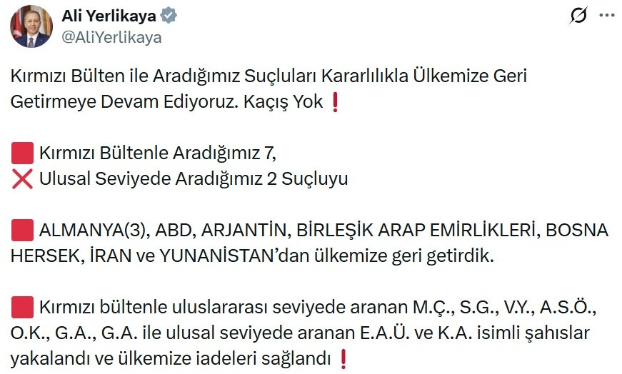 Kırmızı bültenle ve ulusal seviyede aranan 9 suçlu Türkiye'ye getirildi