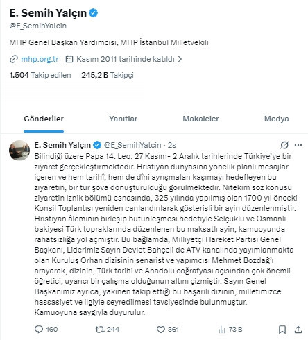 MHP Genel Başkan Yardımcısı Yalçın: "Maksatlı ayin, rahatsızlığa yol açmıştır"