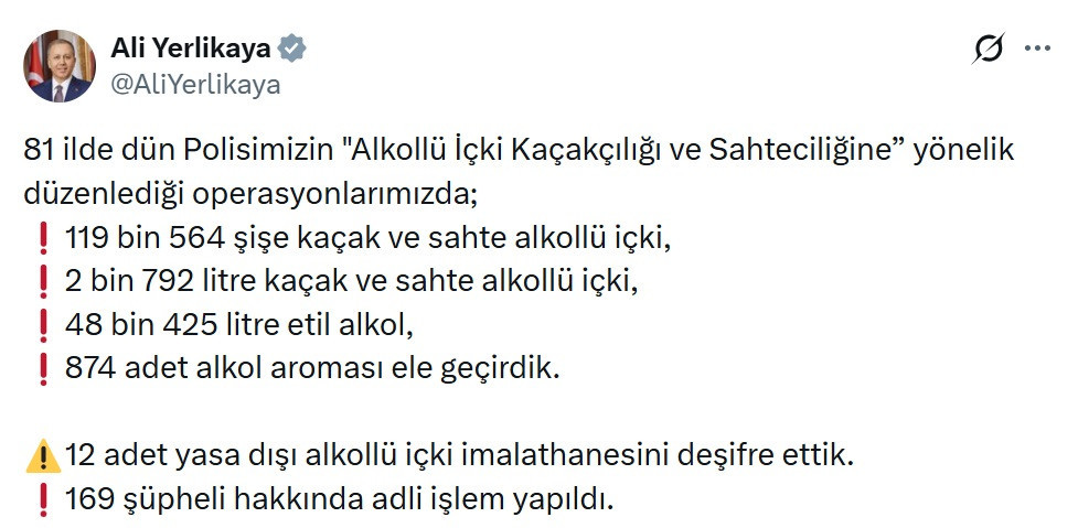 81 ilde kaçak içki operasyonu; 169 şüpheliye işlem yapıldı