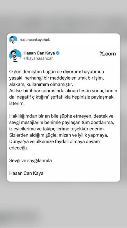 Hasan Can Kaya'dan test sonucu a&ccedil;ıklaması