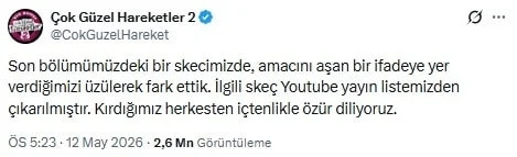 &Ccedil;ok G&uuml;zel Hareketler Bunlar 2 ekibi tartışılan ske&ccedil; sonrası &ouml;z&uuml;r mesajı yayınladı