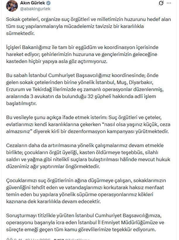 Sokak çetesine operasyon; 32 şüpheli hakkında adli işlem
