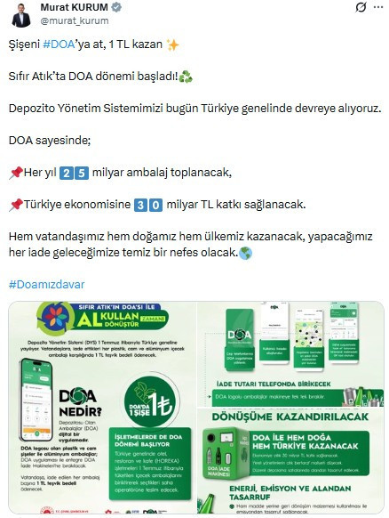 Bakan Kurum: "Şişeni DOA'ya at, 1 TL kazan"